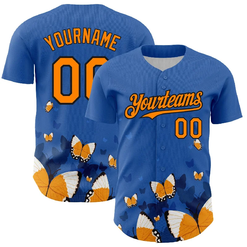 Baseball Jersey With Player Autograph-Custom Royal Orange-Black 3D Pattern Design Animal Butterfly Authentic Baseball Jersey