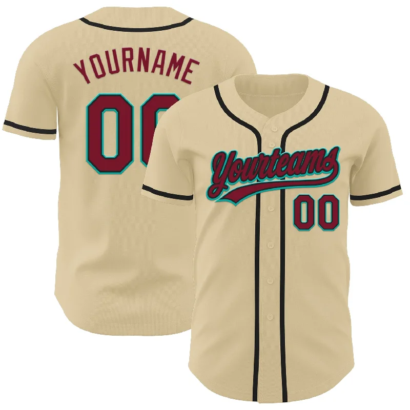 Baseball Jersey With 3D Embroidery-Custom Sand Crimson Black-Aqua Authentic Baseball Jersey