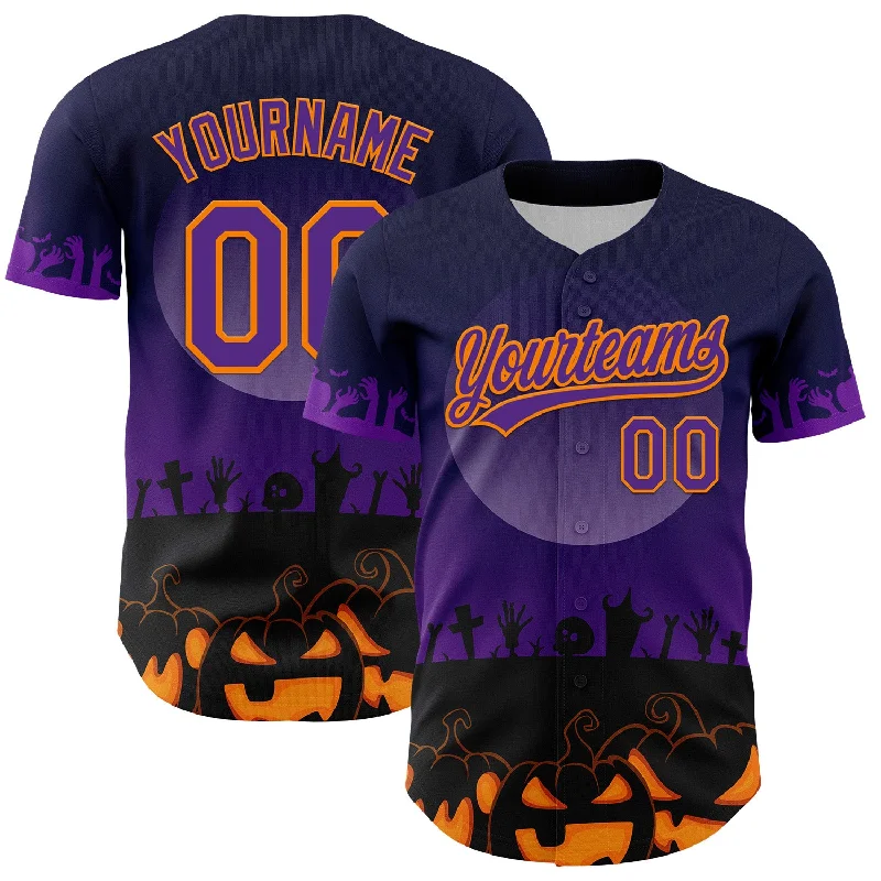 Baseball Jersey With Custom Patch-Custom Black Purple-Bay Orange 3D Pattern Halloween Skull Authentic Baseball Jersey