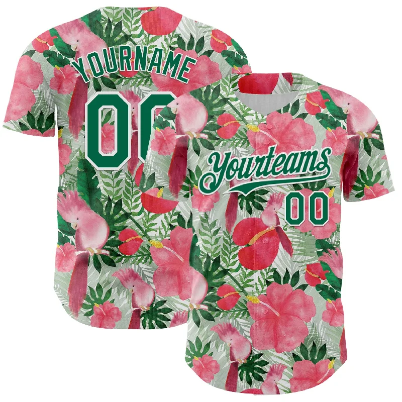 Baseball Jersey With Side Stripes-Custom White Kelly Green 3D Pattern Design Tropical Plant And Bird Authentic Baseball Jersey