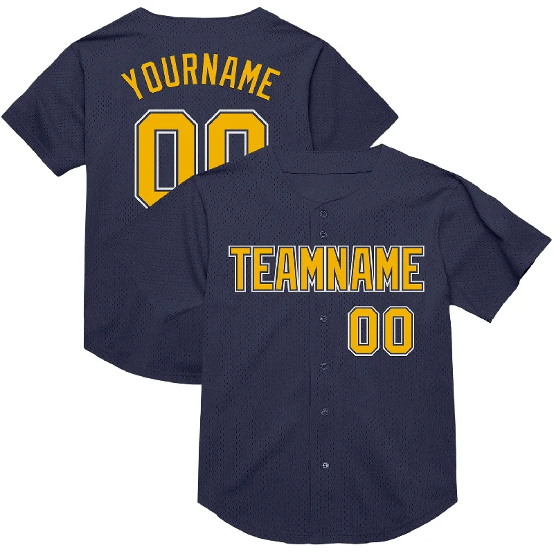 Baseball Jersey With Split Color Design-Custom Navy Gold-White Mesh Authentic Throwback Baseball Jersey