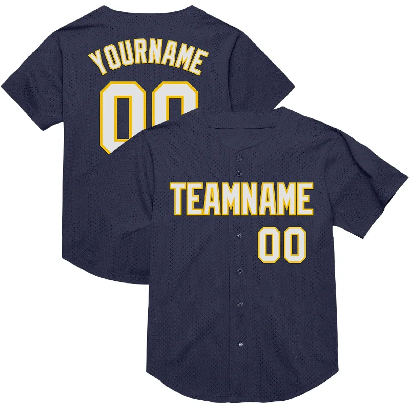 Baseball Jersey With Sun Protection-Custom Navy White-Yellow Mesh Authentic Throwback Baseball Jersey