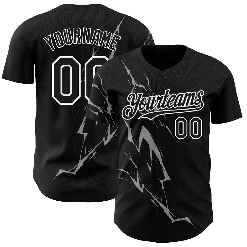 Baseball Jersey With Side Zippers-Custom Black Gray-White 3D Pattern Design Lightning Authentic Baseball Jersey