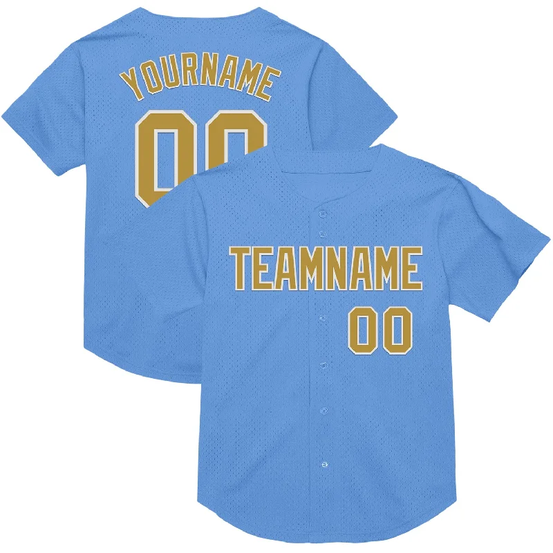 Baseball Jersey With Slim Fit-Custom Light Blue Old Gold-White Mesh Authentic Throwback Baseball Jersey