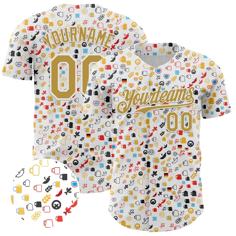 Baseball Jersey With Double-Layer Fabric-Custom White Old Gold 3D Pattern Design Beer Festival Authentic Baseball Jersey