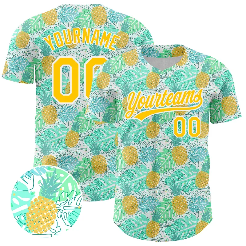 Baseball Jersey For Travel Teams-Custom Green Yellow-White 3D Pattern Design Fruit Pineapple Authentic Baseball Jersey