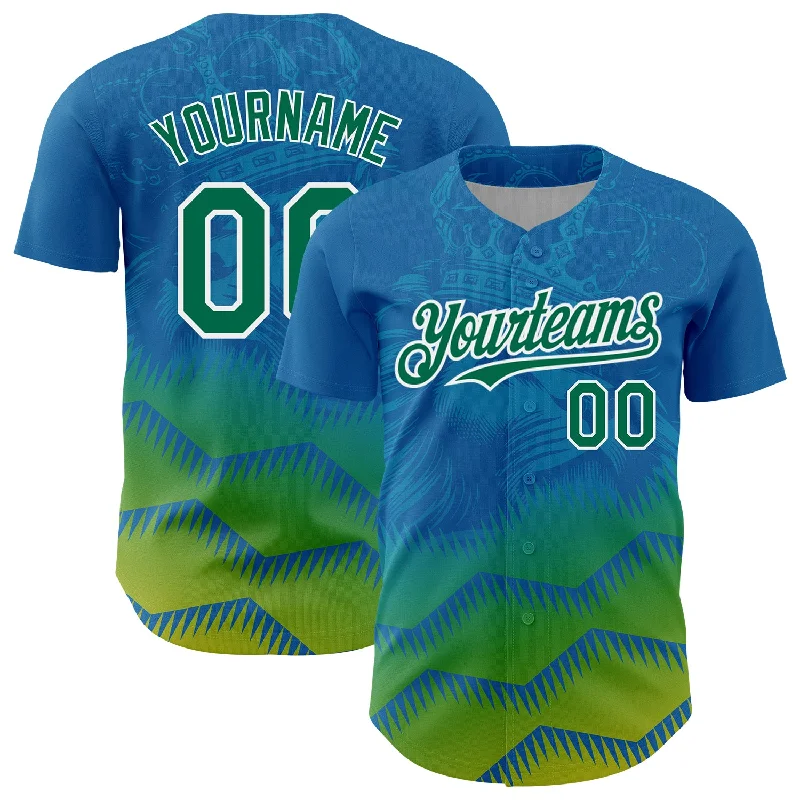 Baseball Jersey With Performance Fabric-Custom Panther Blue Kelly Green-White 3D Pattern Design Animal Lion Authentic Baseball Jersey