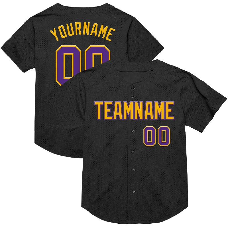 Baseball Jersey With Snap Button Closure-Custom Black Purple-Gold Mesh Authentic Throwback Baseball Jersey