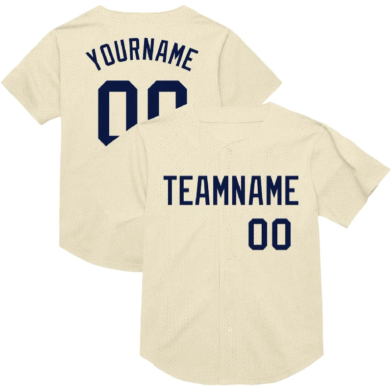 Baseball Jersey With Minimalist Logo-Custom Cream Navy Mesh Authentic Throwback Baseball Jersey