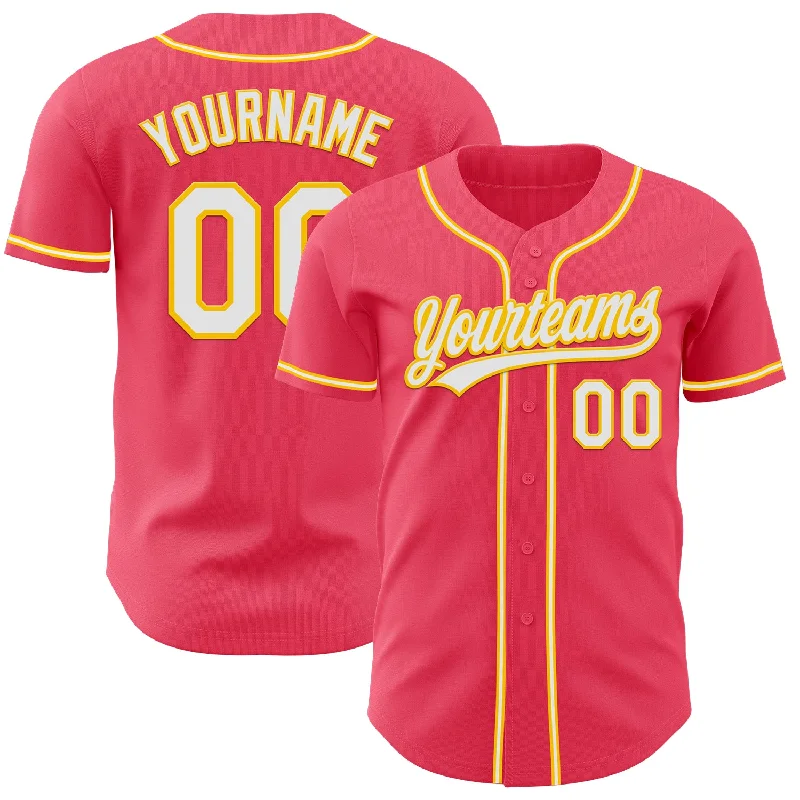 Baseball Jersey With Cool Base Technology-Custom Neon Pink White-Yellow Authentic Baseball Jersey