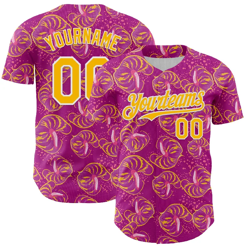 Baseball Jersey With Recycled Polyester-Custom Deep Pink Gold-White 3D Pattern Design Tropical Anthurium Flower Authentic Baseball Jersey