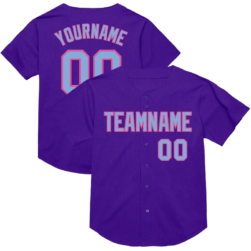 Baseball Jersey With Short Sleeves-Custom Purple Light Blue-Pink Mesh Authentic Throwback Baseball Jersey