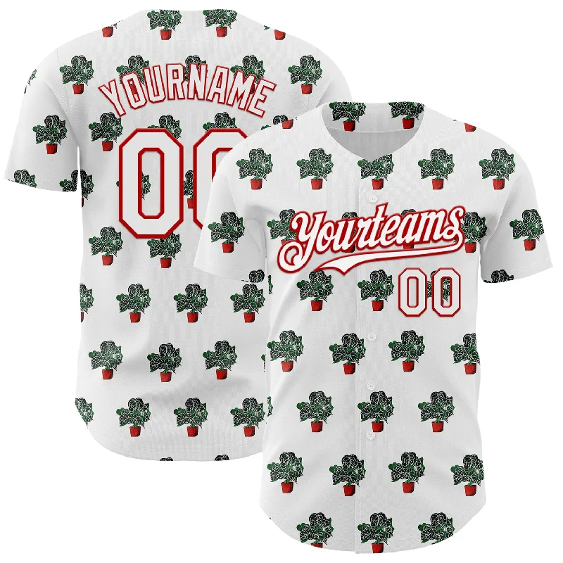 Baseball Jersey With Color Block Design-Custom White Red 3D Pattern Design Tropical Anthurium Crystal Authentic Baseball Jersey