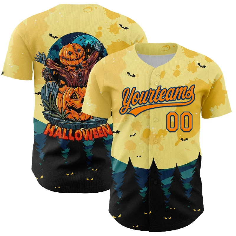 Baseball Jersey With Slim Fit-Custom Light Yellow Bay Orange-US Navy Blue 3D Pattern Halloween Authentic Baseball Jersey