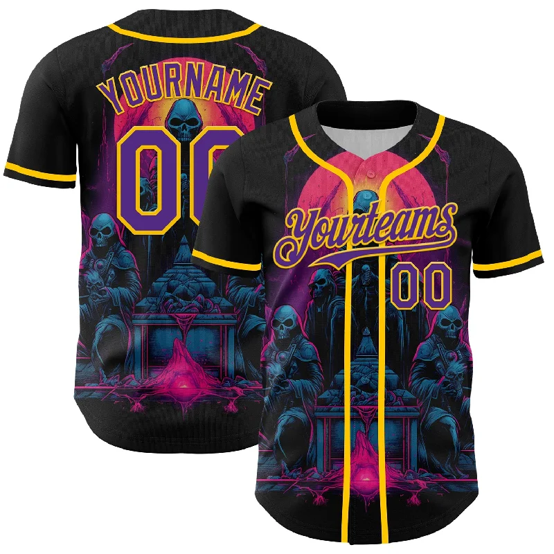 Baseball Jersey With Neon Accents-Custom Black Purple-Yellow 3D Pattern Design Rave Skull Authentic Baseball Jersey