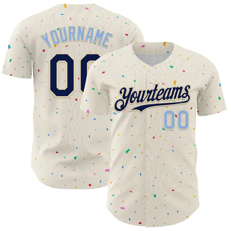 Baseball Jersey With Authentic MLB Look-Custom Cream Navy-Light Blue 3D Pattern Design Confetti Authentic Baseball Jersey