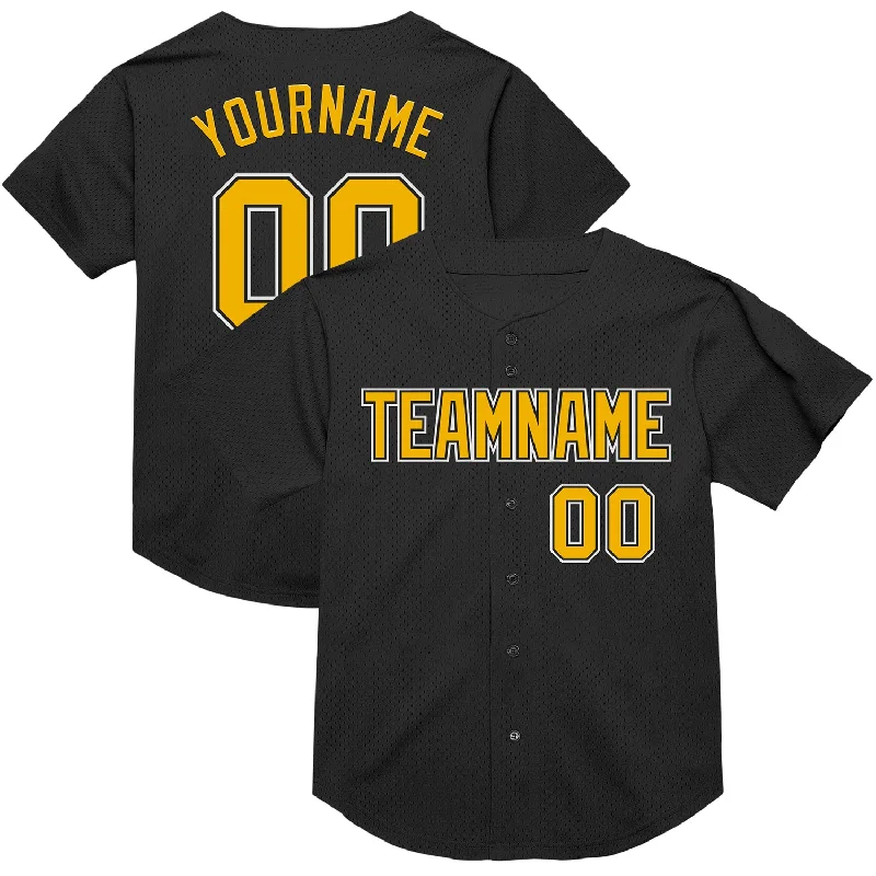 Baseball Jersey With Vintage Logos-Custom Black Gold-White Mesh Authentic Throwback Baseball Jersey