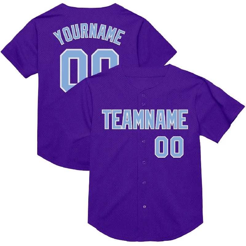 Baseball Jersey With Embroidery-Custom Purple Light Blue-White Mesh Authentic Throwback Baseball Jersey