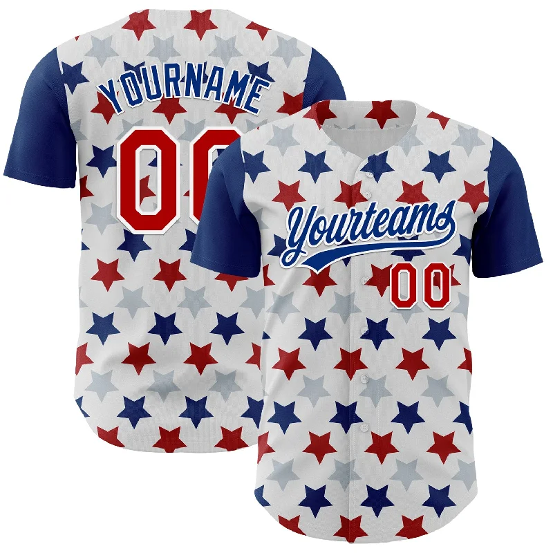 Baseball Jersey For Youth-Custom White Red-Royal 3D Pattern Design Star Authentic Baseball Jersey