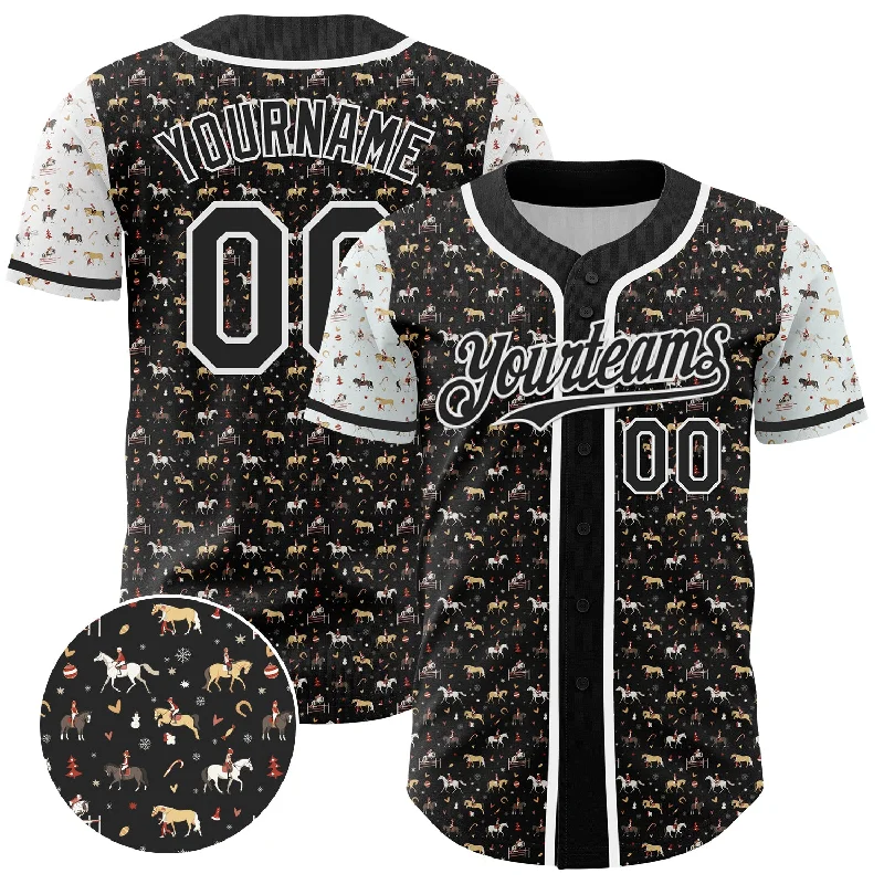 Baseball Jersey With Snap Button Closure-Custom Black White 3D Pattern Design Rodeo Cowboy Authentic Baseball Jersey