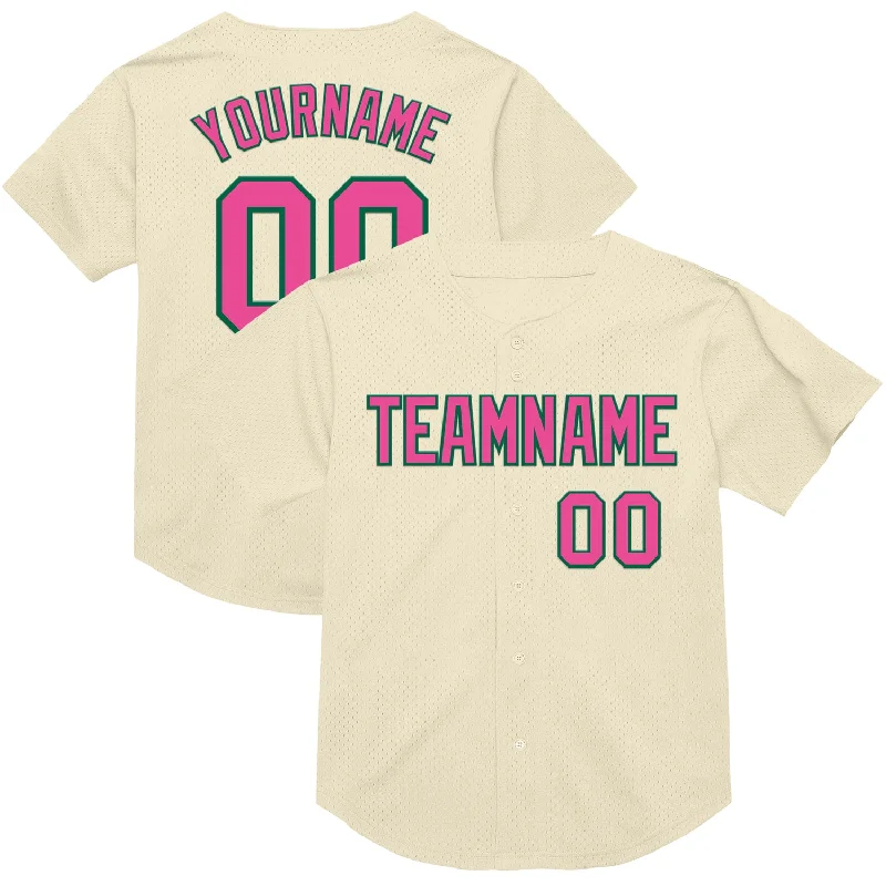 Baseball Jersey For Collectors-Custom Cream Pink-Kelly Green Mesh Authentic Throwback Baseball Jersey