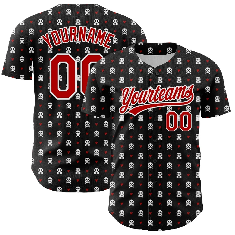 Baseball Jersey With Commemorative Patch-Custom Black Red-White 3D Gothic Style Skull Authentic Baseball Jersey