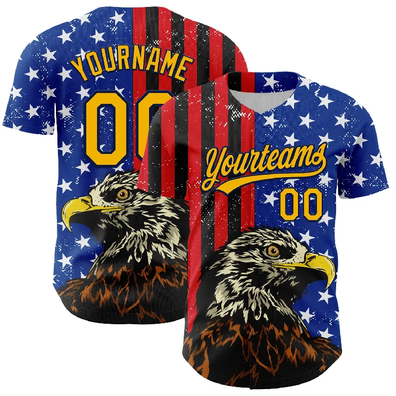 Baseball Jersey With Mesh Fabric-Custom Navy Gold-Red 3D American Flag Eagle And Star Authentic Baseball Jersey