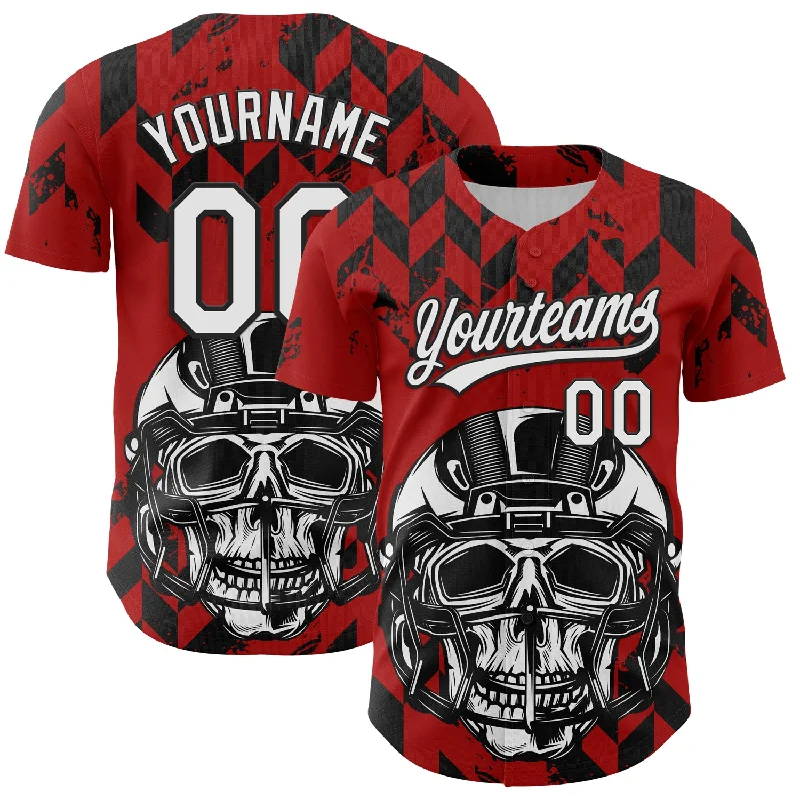 Baseball Jersey With Movie-Inspired Graphics-Custom Red White-Black 3D Pattern Design Football Skull Helmet Authentic Baseball Jersey