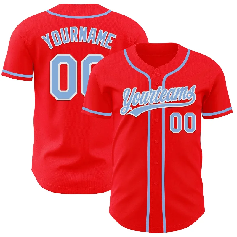 Baseball Jersey With Graffiti-Style Design-Custom Fire Red Light Blue-White Authentic Baseball Jersey