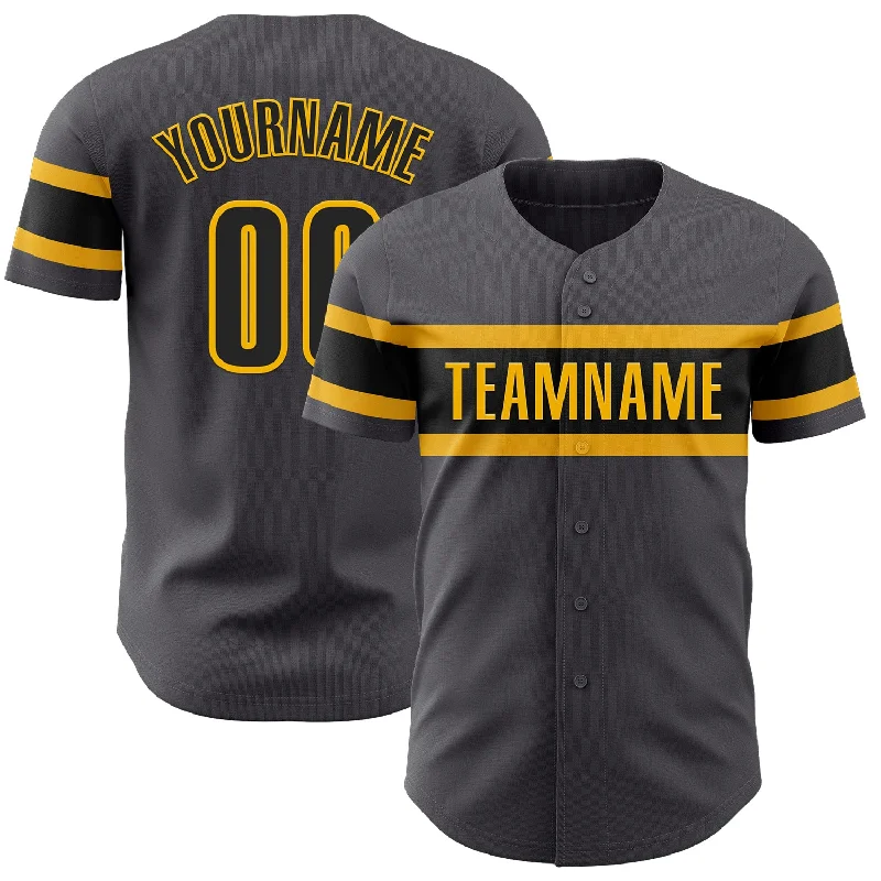 Baseball Jersey With Side Slits-Custom Steel Gray Black-Gold Authentic Baseball Jersey