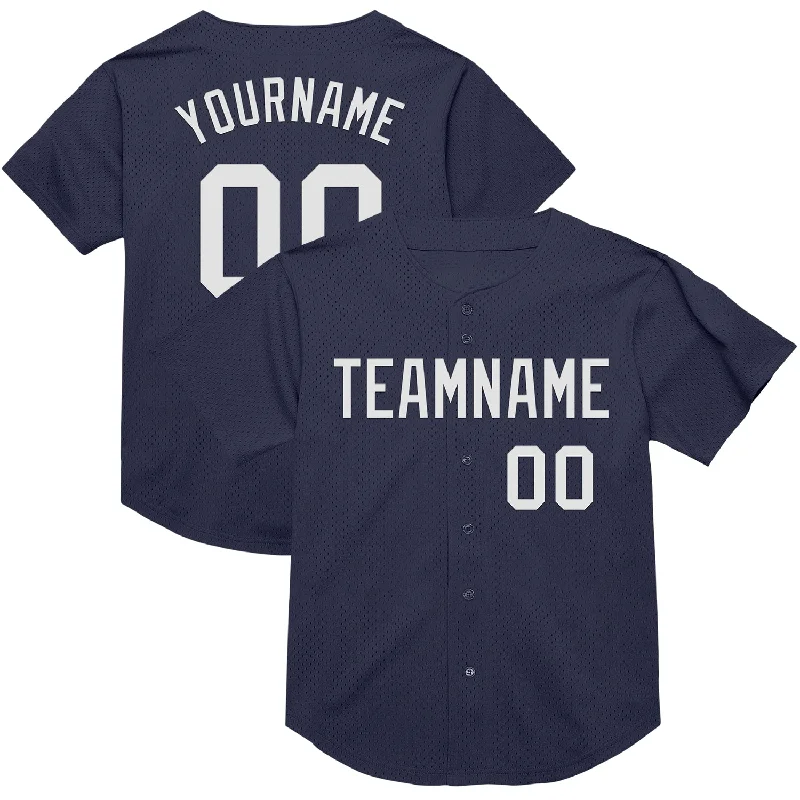 Baseball Jersey With Reinforced Seams-Custom Navy White Mesh Authentic Throwback Baseball Jersey