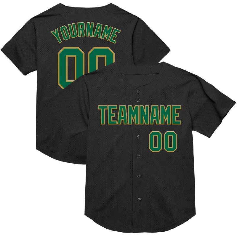 Baseball Jersey With Neon Colors-Custom Black Kelly Green-Old Gold Mesh Authentic Throwback Baseball Jersey