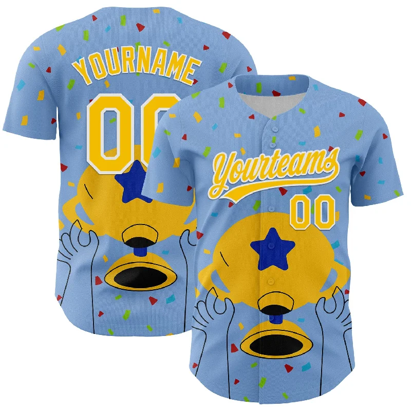 Baseball Jersey With Modern Patterns-Custom Light Blue Yellow-White 3D Pattern Design Champion Trophy Authentic Baseball Jersey