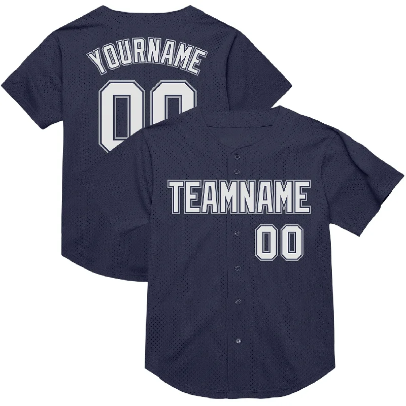 Baseball Jersey With Minimalist Look-Custom Navy White-Gray Mesh Authentic Throwback Baseball Jersey