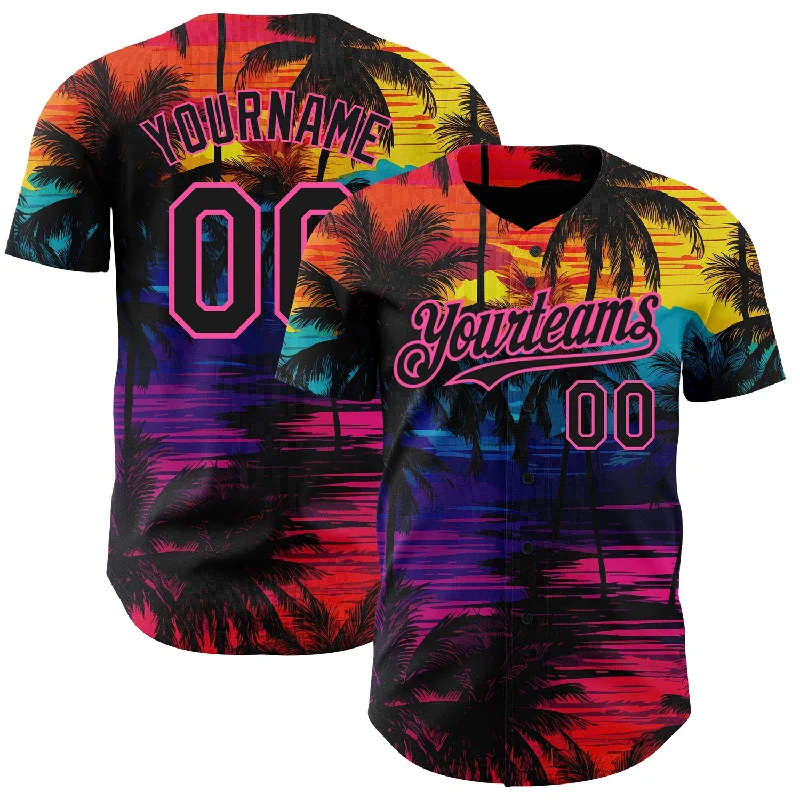 Baseball Jersey With Retro Team Logos-Custom Black Pink 3D Pattern Design Tropical Hawaii Palms Trees Authentic Baseball Jersey