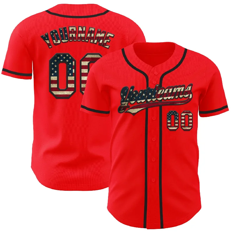 Baseball Jersey With Championship Edition-Custom Fire Red Vintage USA Flag-Black Authentic Baseball Jersey