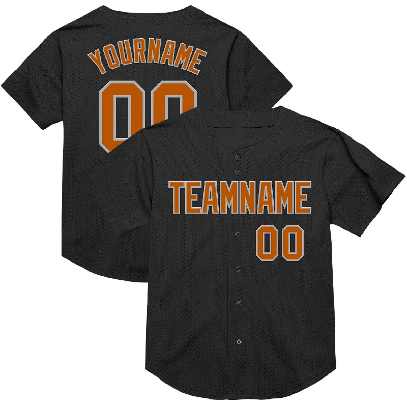 Baseball Jersey With Lightweight Padding-Custom Black Texas Orange-Gray Mesh Authentic Throwback Baseball Jersey