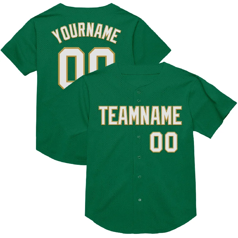 Baseball Jersey With Soft Touch Fabric-Custom Kelly Green White-Old Gold Mesh Authentic Throwback Baseball Jersey