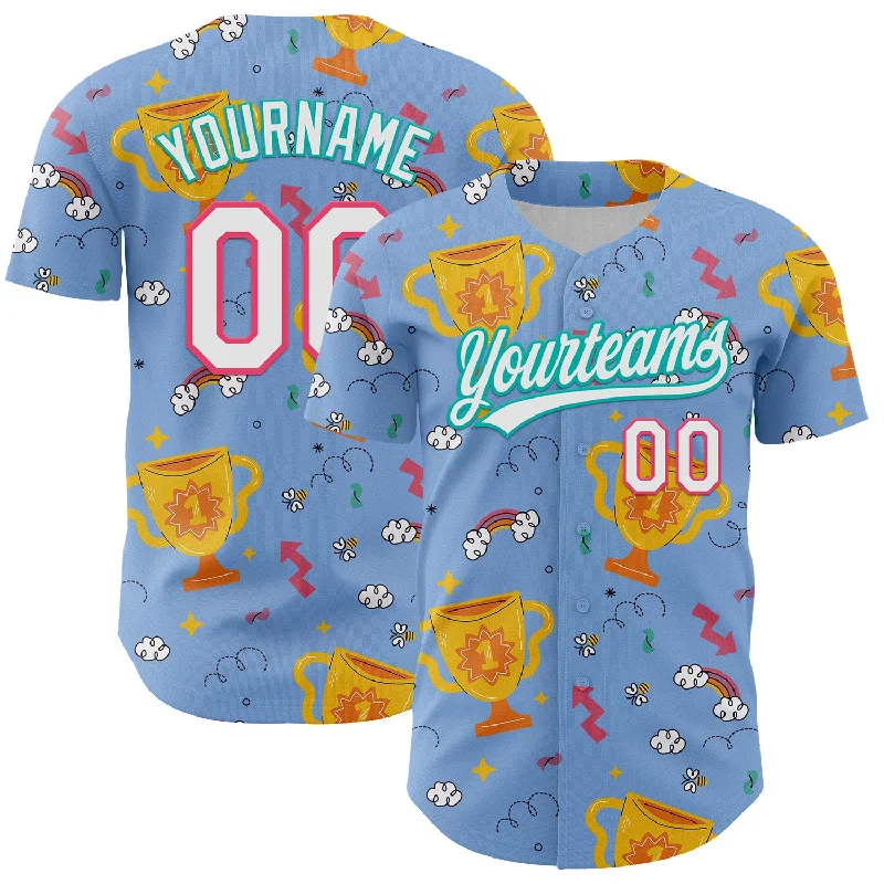 Baseball Jersey With No-Chafe Seams-Custom Light Blue Neon Pink-Aqua 3D Pattern Design Champion Trophy Authentic Baseball Jersey