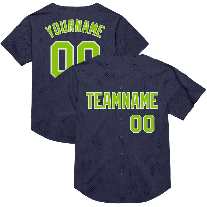 Baseball Jersey For College-Custom Navy Neon Green-White Mesh Authentic Throwback Baseball Jersey