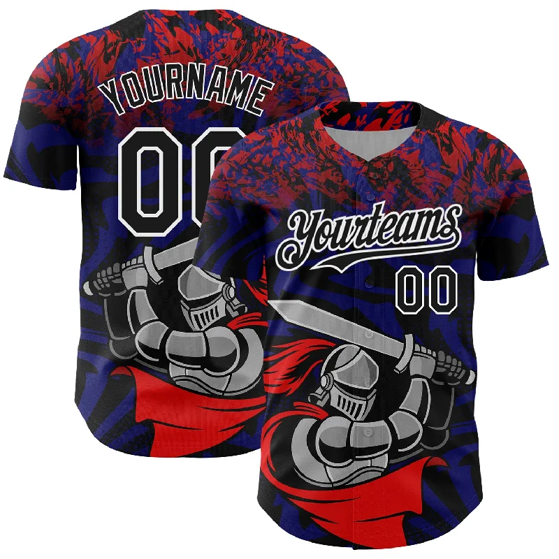 Baseball Jersey For Cold Weather-Custom Red Black-Thunder Blue 3D Pattern Design Knight Hero Art Authentic Baseball Jersey