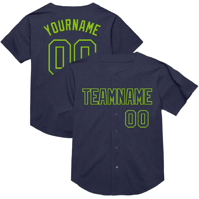 Baseball Jersey For MLB Fans-Custom Navy Neon Green Mesh Authentic Throwback Baseball Jersey