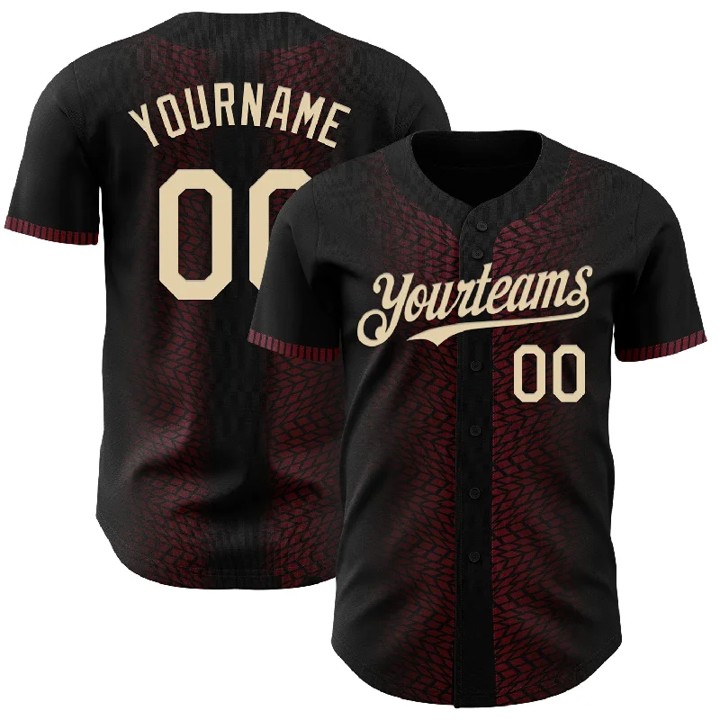 Baseball Jersey With Long Sleeves-Custom Black Cream-Burgundy 3D Pattern Design Geometric Shapes Authentic Baseball Jersey