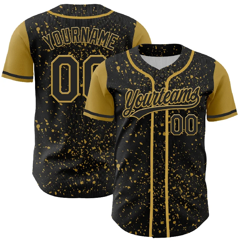 Baseball Jersey With Movie-Inspired Graphics-Custom Black Old Gold 3D Pattern Design Abstract Splatter Ink Authentic Baseball Jersey