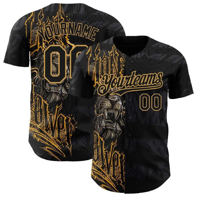 Baseball Jersey With Gradient Design-Custom Black Old Gold 3D Pattern Design Animal Lion Authentic Baseball Jersey