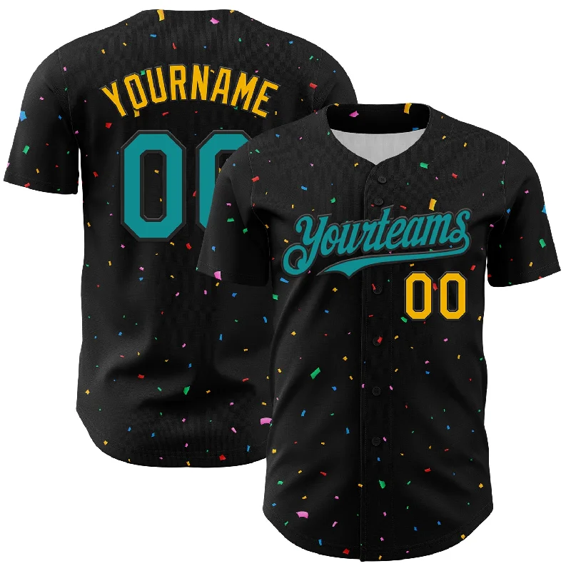 Baseball Jersey With Minimal Branding-Custom Black Teal-Gold 3D Pattern Design Confetti Authentic Baseball Jersey