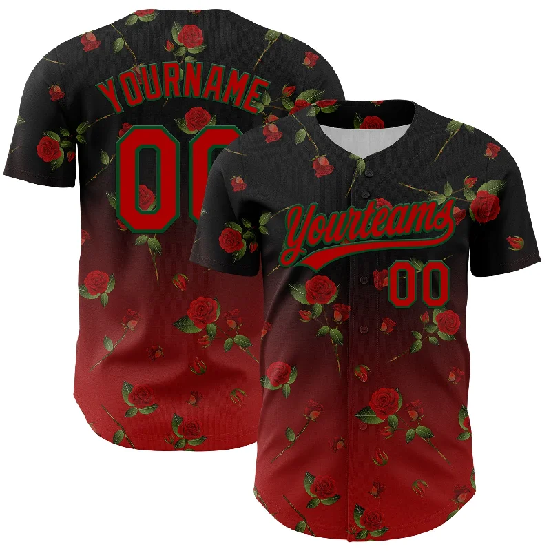 Baseball Jersey With Printed Letters-Custom Black Red-Green 3D Pattern Design Gothic Style Rose Authentic Baseball Jersey