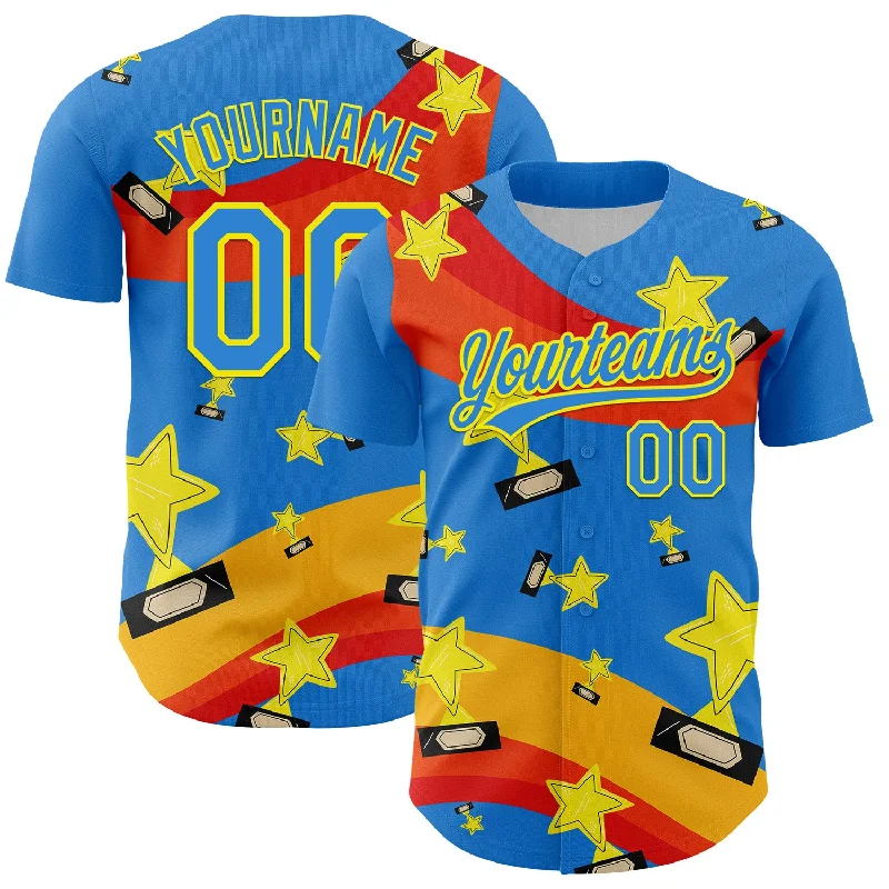 Baseball Jersey With Asymmetrical Design-Custom Electric Blue Light Yellow 3D Pattern Design Champion Trophy Authentic Baseball Jersey