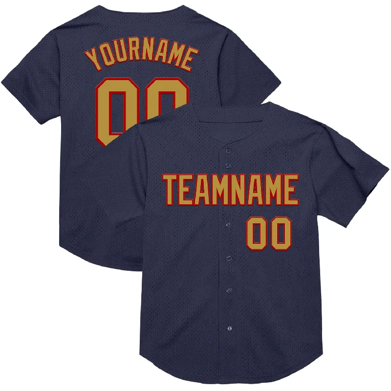 Baseball Jersey With Replica Design-Custom Navy Old Gold-Red Mesh Authentic Throwback Baseball Jersey