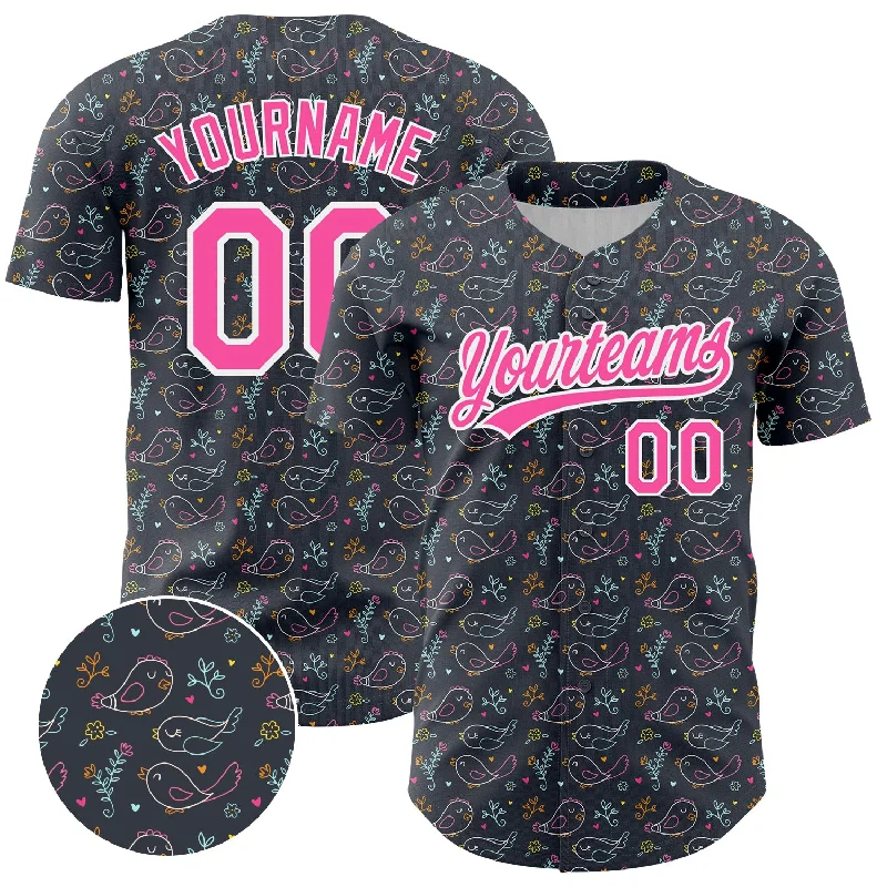 Baseball Jersey With Distressed Look-Custom Navy Pink-White 3D Pattern Design Animal Bird Authentic Baseball Jersey